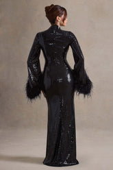Black Sequin High-Neck Maxi Dress With Feather Cuffs